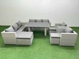 Rackhams 11 Seater Wicker PE Rattan Furniture Outdoor Dining Table 3 Seater Sofa Armchair Set with 3 Stools Light Grey - thumbnail 1