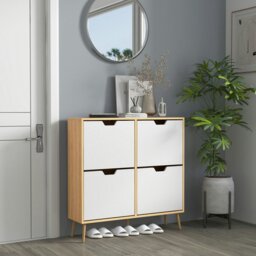 Rackhams Shoe Storage Cabinet with 4 Flip Drawers for 16 Pairs of Shoes, Natural - Natural wood finish