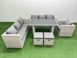 Rackhams Patio Garden Furniture Sets with Black Glass Top Dining Table 3 Seater Sofa Armchair 2 Small Stool Light Grey