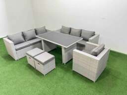 Rackhams Patio Garden Furniture Sets with Black Glass Top Dining Table 3 Seater Sofa Armchair 2 Small Stool Light Grey - thumbnail 2