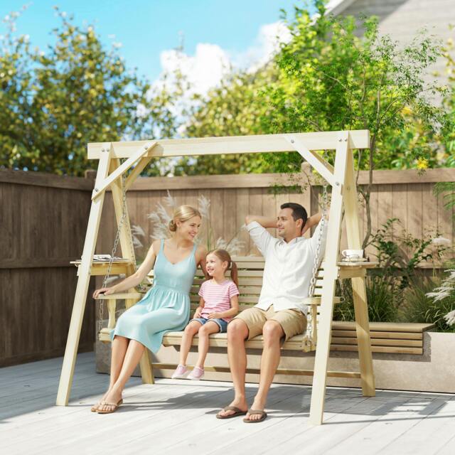 Rackhams 3 Seater Wooden Garden Swing Chair with Side Tables - image 1