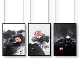 Rackhams Calming Art - Set of 3 Asian Inspired Wall art Prints - A2 16.54 x 23.39 in / 42 x 59.4 cm - Matte Museum Quality Art Paper 290 gsm - Black Frame - thumbnail 1
