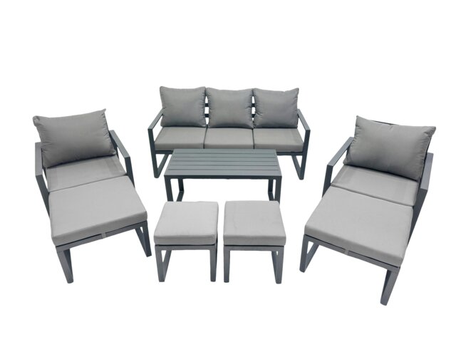 Rackhams 9 Seat Outdoor Garden Furniture Set Aluminium Lounge 3 Seat Sofa Oblong Coffee Table Sets with Chair 4 Stools 2 Side Tables Dark Grey - image 1