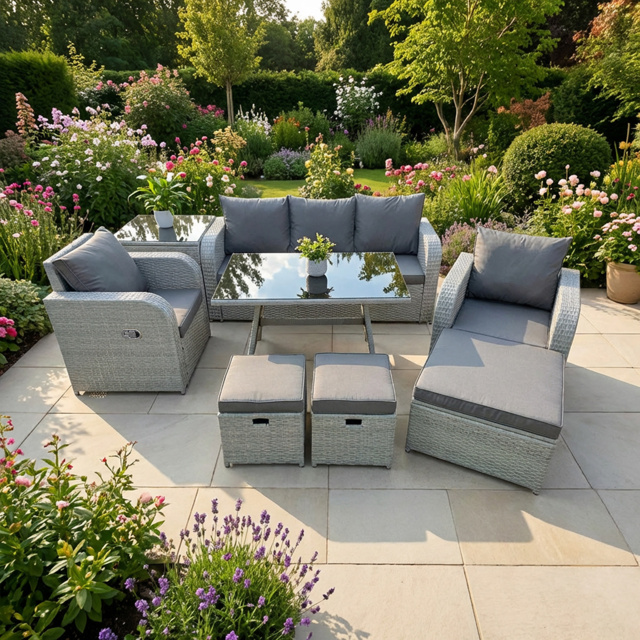 Rackhams 8 Seater Garden Furniture Set with 2 Reclining Chairs, 3 Seat Sofa, Rectangular Dining Table, Side Table & 3 Footstools - Light Grey - image 1