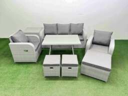 Rackhams 8 Seater Garden Furniture Set with 2 Reclining Chairs, 3 Seat Sofa, Rectangular Dining Table, Side Table & 3 Footstools - Light Grey - thumbnail 2