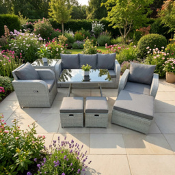 Rackhams 8 Seater Garden Furniture Set with 2 Reclining Chairs, 3 Seat Sofa, Rectangular Dining Table, Side Table & 3 Footstools - Light Grey - thumbnail 1