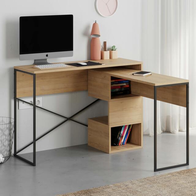 Rackhams Modern Badau L-Shaped Computer Desk Metal Legs 3 Adjustable Storage Shelf Extra Table 110cm(W) Work PC Office - Oak - image 1