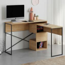 Rackhams Modern Badau L-Shaped Computer Desk Metal Legs 3 Adjustable Storage Shelf Extra Table 110cm(W) Work PC Office - Oak