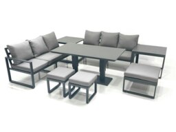 Rackhams 9 Seater Aluminium Outdoor Garden Furniture Set with Adjustable Rising Lifting Dining Table 3 Seater Sofa 3 Footstools 2 Side Tables Dark Grey - thumbnail 2