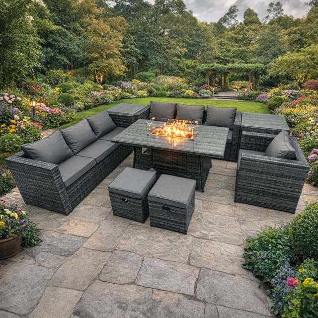 Rackhams 9 Seater Rattan Garden Furniture Set with Fire Pit Dining Table, 2 Sofas, 2 Side Tables, 1 Chair, 2 Footstools - Dark Grey - image 1