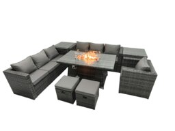 Rackhams 9 Seater Rattan Garden Furniture Set with Fire Pit Dining Table, 2 Sofas, 2 Side Tables, 1 Chair, 2 Footstools - Dark Grey - thumbnail 2