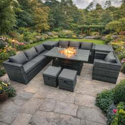 Rackhams 9 Seater Rattan Garden Furniture Set with Fire Pit Dining Table, 2 Sofas, 2 Side Tables, 1 Chair, 2 Footstools - Dark Grey - thumbnail 1