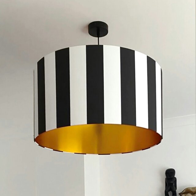"Rackhams Beetlejuice Black and White Striped Lampshade With Gold Lining - 40cm Diameter x 23cm Height / (16"" x 9"")" - image 1