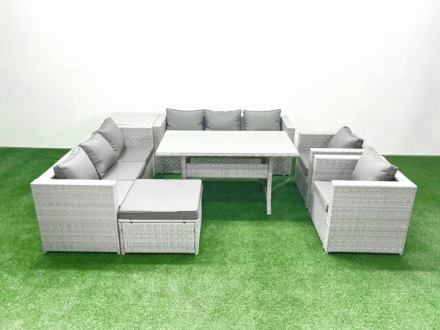 Rackhams Rattan Garden Furniture Set Outdoor 8 Seater Patio Dinin g Sofa Sets with Dining Table 2 Chairs Side Table Big Footstool Light Grey Mixed - image 1