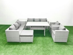 Rackhams Rattan Garden Furniture Set Outdoor 8 Seater Patio Dinin g Sofa Sets with Dining Table 2 Chairs Side Table Big Footstool Light Grey Mixed