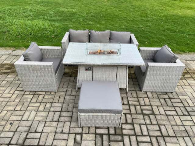 Rackhams Outdoor PE Rattan Garden Furniture Gas Fire Pit Dining Table Armchairs With Big Footstool Light Grey - image 1
