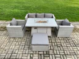 Rackhams Outdoor PE Rattan Garden Furniture Gas Fire Pit Dining Table Armchairs With Big Footstool Light Grey - thumbnail 2
