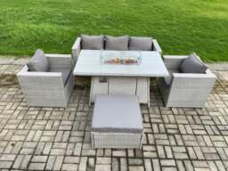 Rackhams Outdoor PE Rattan Garden Furniture Gas Fire Pit Dining Table Armchairs With Big Footstool Light Grey