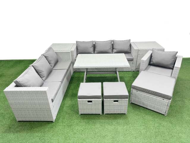 Rackhams Outdoor Rattan Garden Furniture Dining Set 10 seater Patio Rectangular Table 3 Seater Sofa Armchair Set with 2 Side Tables 3 Stools - image 1