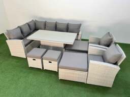 Rackhams 12 Seat Rattan Outdoor Garden Furniture Corner Sofa Set Adjustable Lifting Dining or Coffee Table Set with Armchair Light Grey - thumbnail 1