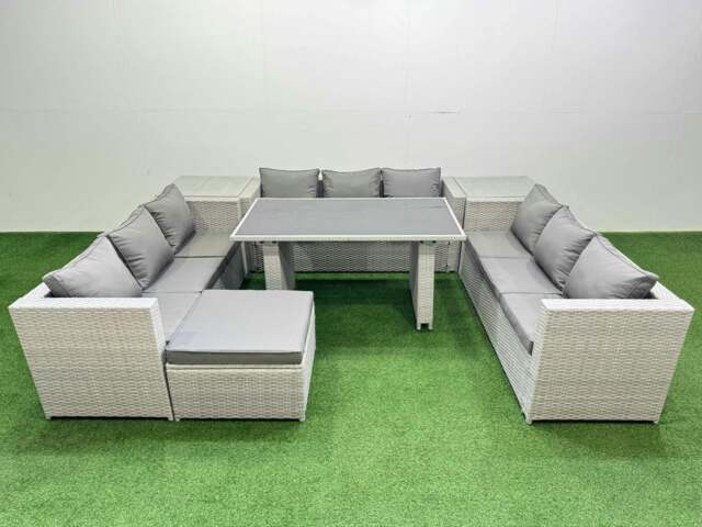 Rackhams Patio Outdoor Garden Furniture Sets with Black Glass Top Dining Table 3 Seater Sofa 2 Side Tables Big Stool Light Grey - image 1