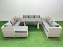 Rackhams Patio Outdoor Garden Furniture Sets with Black Glass Top Dining Table 3 Seater Sofa 2 Side Tables Big Stool Light Grey - thumbnail 1