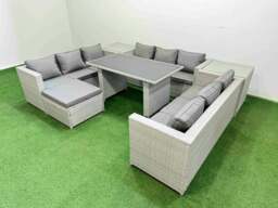 Rackhams Patio Outdoor Garden Furniture Sets with Black Glass Top Dining Table 3 Seater Sofa 2 Side Tables Big Stool Light Grey - thumbnail 2