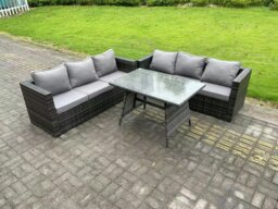 Rackhams Wicker PE Rattan Garden Dining Set Outdoor Furniture Sofa with Patio Dining Table Dark Grey Mixed - thumbnail 1