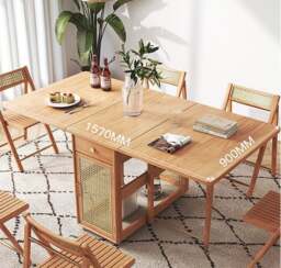 Rackhams Nydia Foldable Dining Table Set With Storage, Rattan, Solid Wood - Wooden Table Top - Wooden Table Top - NO Chair - thumbnail 6