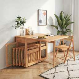 Rackhams Nydia Foldable Dining Table Set With Storage, Rattan, Solid Wood - Wooden Table Top - Wooden Table Top - NO Chair - thumbnail 2