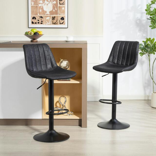 Rackhams Bar Stools Set of 2 Adjustable Swivel Bar Chairs with Backrest Black - Black - Leathaire, sponge, multilayer board, steel - Contemporary - image 1