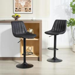 Rackhams Bar Stools Set of 2 Adjustable Swivel Bar Chairs with Backrest Black - Black - Leathaire, sponge, multilayer board, steel - Contemporary - thumbnail 1