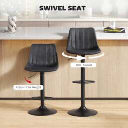 Rackhams Bar Stools Set of 2 Adjustable Swivel Bar Chairs with Backrest Black - Black - Leathaire, sponge, multilayer board, steel - Contemporary - thumbnail 5
