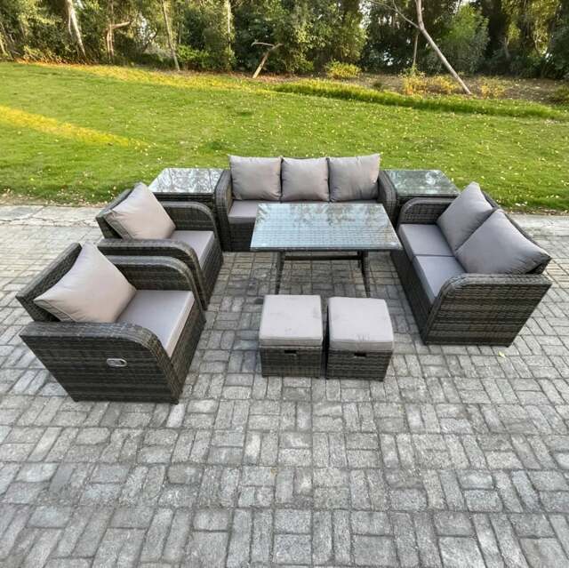 Rackhams 9 Seater Rattan Garden Furniture Set with 2 Sofas, Dining Table, 2 Small Footstools, 2 Side Tables - Dark Grey - image 1