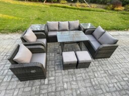 Rackhams 9 Seater Rattan Garden Furniture Set with 2 Sofas, Dining Table, 2 Small Footstools, 2 Side Tables - Dark Grey - thumbnail 2