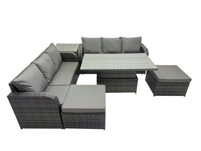 Rackhams Rattan Garden Furniture Dining Set 8 seater Patio Height Adjustable Rising Table Sofa Set with Side Table 2 Big Footstool Dark Grey Mixed - image 1