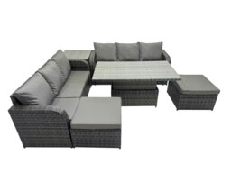 Rackhams Rattan Garden Furniture Dining Set 8 seater Patio Height Adjustable Rising Table Sofa Set with Side Table 2 Big Footstool Dark Grey Mixed - thumbnail 1