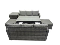 Rackhams Rattan Garden Furniture Dining Set 8 seater Patio Height Adjustable Rising Table Sofa Set with Side Table 2 Big Footstool Dark Grey Mixed - thumbnail 2