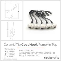 Rackhams Ceramic Pumpkin Tipped Shabby Chic White Coat Hooks - Pack of 5 - thumbnail 2