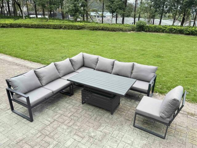 Rackhams 7 Pieces Aluminium Garden Furniture Set with Cushions, Patio Furniture Set with Adjustable Rising Lifting Dining Table Dark Grey