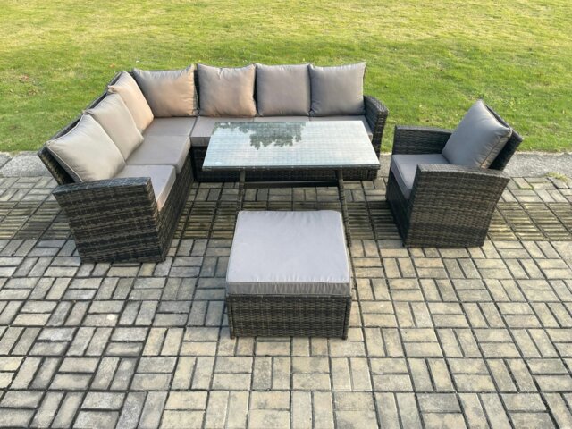 Rackhams Outdoor Furniture Garden Dining Set Rattan Corner Sofa Set with Rectangular Dining Table Armchair Big Footstool Dark Grey Mixed - image 1