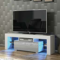 Rackhams 130cm TV Unit Cabinet with Grey High Gloss Doors, Free LED and Storage - 130 cm - MDF/Chipboard - White Matt Body & Grey Gloss Doors