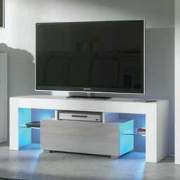 Rackhams 130cm TV Unit Cabinet with Grey High Gloss Doors, Free LED and Storage - 130 cm - MDF/Chipboard - White Matt Body & Grey Gloss Doors - thumbnail 3