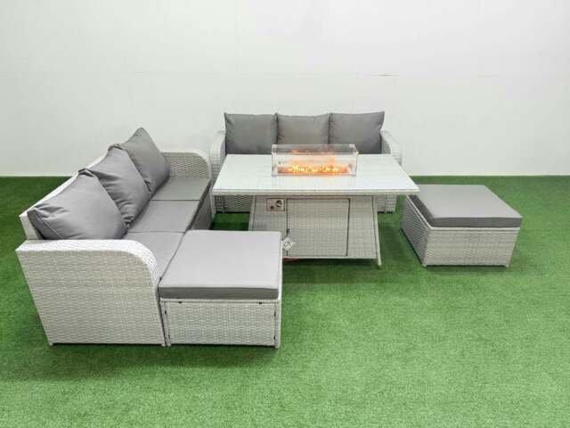 Rackhams Outdoor Garden Furniture Sets 8 Seater Rattan Furniture Sofa Sets with Fire Pit Dining Table high Back Lounge Sofa 2 Big Footstool Light Grey - image 1