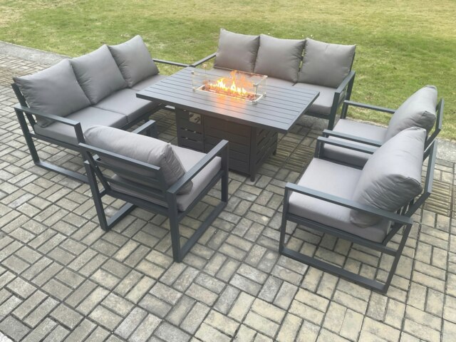 Rackhams Aluminium Garden Furniture Outdoor Set Patio Lounge Sofa Gas Fire Pit Dining Table Set with 3 Armchair Dark Grey - image 1