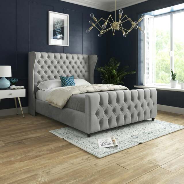 Rackhams Donati Straight Curved Top Upholstered Soft Velvet Bed Frame - Grey - Grey - Super king - image 1