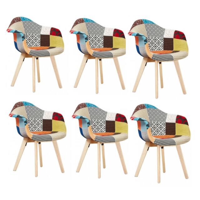 Rackhams Set of 6 Patchwork Multicolor Fabaric Upholstered Accent Chairs with Wooden Legs, Mid-Century Modern Armchair - Fabric - Multicolor - Retro - image 1