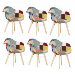 Rackhams Set of 6 Patchwork Multicolor Fabaric Upholstered Accent Chairs with Wooden Legs, Mid-Century Modern Armchair - Fabric - Multicolor - Retro - thumbnail 1
