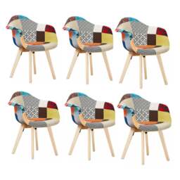 Rackhams Set of 6 Patchwork Multicolor Fabaric Upholstered Accent Chairs with Wooden Legs, Mid-Century Modern Armchair - Fabric - Multicolor - Retro - thumbnail 2