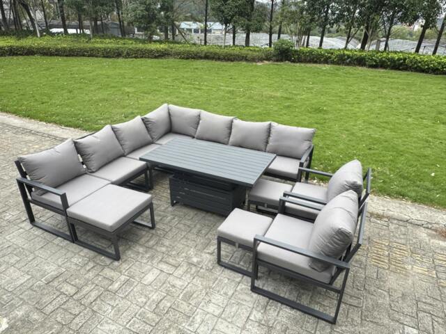 Rackhams 12 Seater Aluminium Garden Furniture Set with Adjustable Rising Dining Table, 3 Footstools & 2 Chairs - Grey